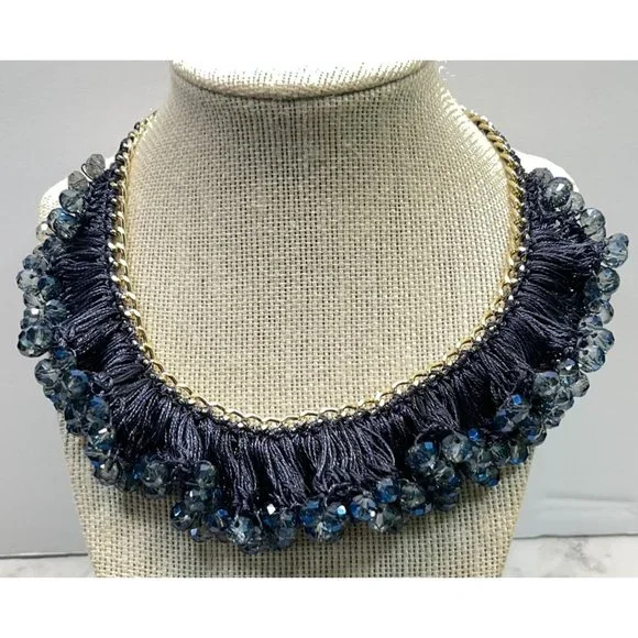 Vintage Blue Beaded Necklace Choker Crochet Bib Silver Tone 14" Long - Picture 4 of 6